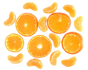 Ripe cut and slice tangerines top view isolated