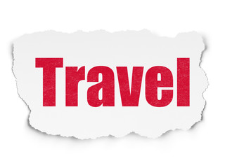 Obraz premium Entertainment, concept: Painted red text Travel on Torn Paper background with Tag Cloud
