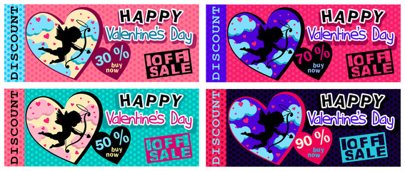 FLYERS FOR A DISCOUNT TO THE SALE OF VALENTINE'S DAY IN FOUR COLOR VARIATIONS WITH CLOUDS, CUPID