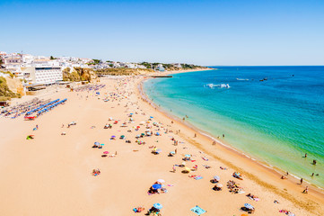 Beautiful sandy Albufeira beach on the Algarve, Portugal - obrazy, fototapety, plakaty