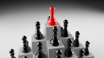 Leadership, success, and teamwork concept, red pawn of chess, standing out from the crowd of black pawns. 3D rendering.