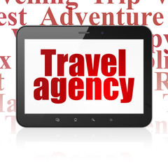 Vacation concept: Tablet Computer with  red text Travel Agency on display,  Tag Cloud background, 3D rendering