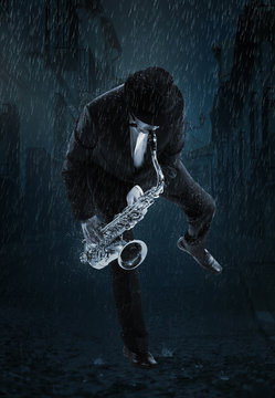 Saxophonist under rain