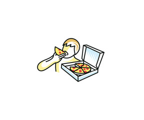 Man eats pizza logo template. Man holds a pizza in his hand and bite off a piece vector design. Fast food concept  illustration