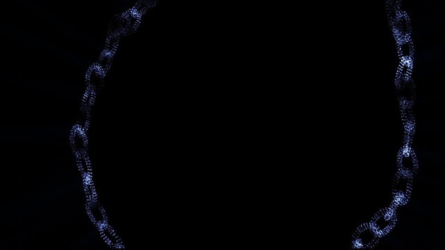 a chain composed of illuminated blue particles rotates in a black space, dematerializes and reappears in its form simulating a transaction