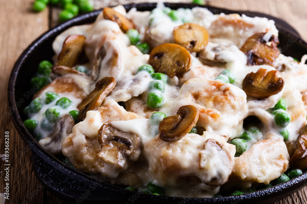 Canvas Prints Chicken and mushroom casserole in cast iron skillet