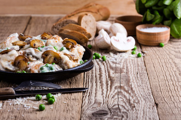 Chicken and mushroom casserole in cast iron skillet