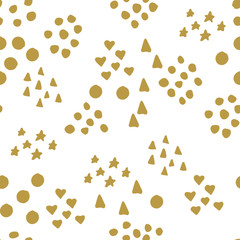 Abstract seamless pattern with cute gold chaotic small circles, stars, hearts and triangles on white. Infinity geometric pattern. Vector illustration.  