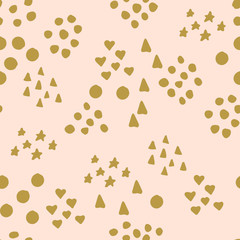 Abstract seamless pattern with cute gold chaotic small circles, stars, hearts and triangles on pink. Infinity geometric pattern. Vector illustration.  