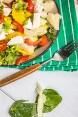 Salad with cheese and fresh vegetables.