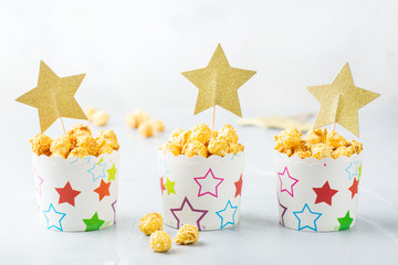 Sweet caramel popcorn for party holidays or cinema at home