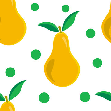 Colorful seamless pattern with yellow pear with leaves, green polka dots. Cute fruit background. Vector illustration.