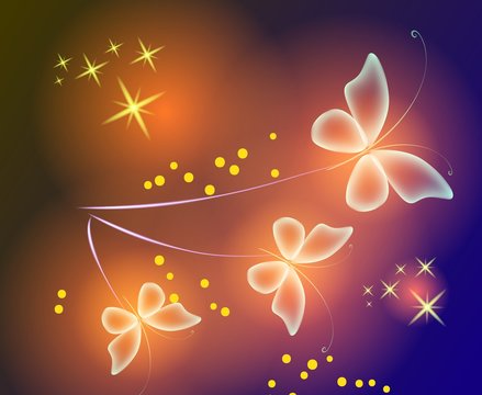 Glowing background with magic  butterflies and sparkling stars.Transparent butterfly and glowing stars. Orange butterflies.