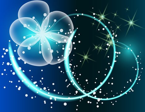 Glowing background with magic  butterflies and sparkling stars.Transparent picture with glowing stars and blue flower.