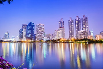 Fototapeta na wymiar Bangkok skyline. Located in Benjakiti Park, Bangkok, Thailand.