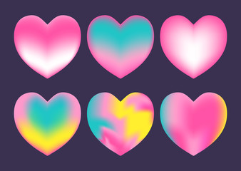 Set of multicolored holographic hearts on dark background. Vector design elements for wrapping paper, textile, web page background, packaging, poster, banner.