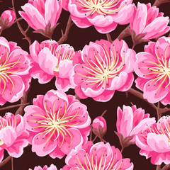 Naklejka premium Seamless pattern with sakura or cherry blossom. Floral japanese ornament of blooming flowers