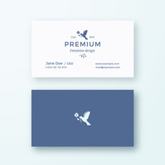 Bird with a Flower. Abstract Feminine Vector Sign or Logo and Business Card Template. Premium Stationary Realistic Mock Up. Modern Typography and Soft Shadows.
