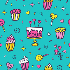 Seamless vector pattern with sweet elements in doodle stile. Hand drawn background for wrapping paper, textile, web page background, packaging, poster, banner.