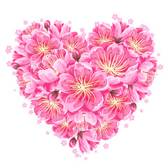 Heart background with sakura or cherry blossom. Floral japanese ornament of blooming flowers © incomible