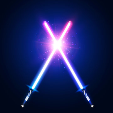 Two crossed light neon swords fight. Blue and pink crossing laser sabers war. Club logo or emblem. Glowing rays in space. Battle elements with star, flash and particles. Colorful vector illustration.