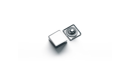 Blank square white metal snap button mockup isolated, 3d rendering. Empty clothing jeans clasp mock up, front and back side view. Clear metallic fastener for dressmaking and cloth branding.
