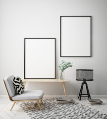 mock up poster frame in hipster interior background, Scandinavian style, 3D render, 3D illustration