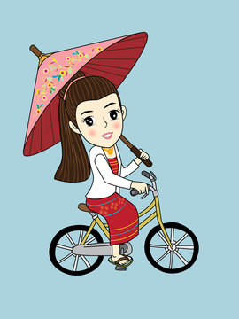 Thai ancient women on bicycle vector illustration