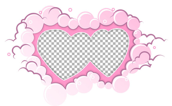 Romantic pink  frame hearts template. Vector illustration for love holiday design. Empty hearts for photo insert on transparent background. Wedding card, valentine's day greetings, lovely frame.