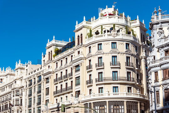 Historical buildings at the Gran Via in Madrid, Spain