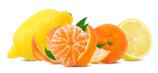 Fresh citrus set mandarin orange and limon, isolated on white background with clipping path