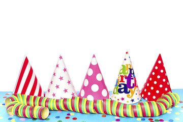 Fünf bunte Hüte und Konfetti