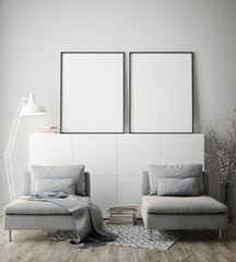 mock up poster frame in hipster interior background, Scandinavian style, 3D render, 3D illustration