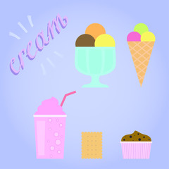 Set of delicious desserts. Sweet ice cream, muffin and milkshake. Isolated vector dessert icons. Colorful illustration