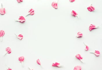 White paper card with petal flower on white background.Flat lay.Valentines,love and wedding concepts