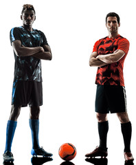 two soccer players men in studio silhouette isolated on white background © snaptitude