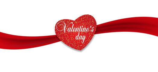 Decoration red Heart with red ribbon for Valentine's day. Vector illustration.