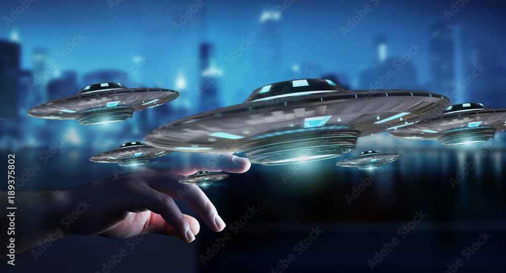 Aufkleber businessman with retro ufo spaceship 3d rendering