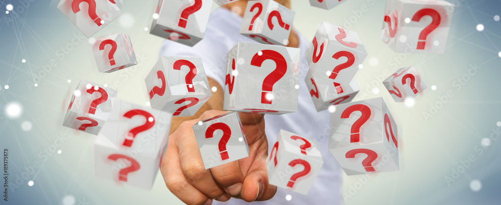 Poster businessman using cubes with 3d rendering question marks