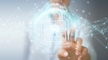 Businesswoman using digital padlock with data protection 3D rendering