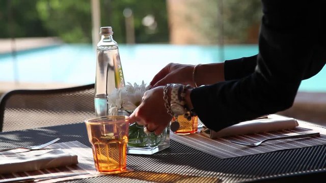 pool outdoor restautant table set up for lunch