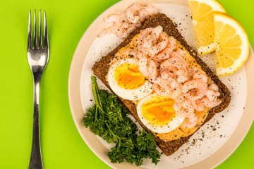 Prawn or Shrimp And Boiled Egg Open Face Sandwich On Rye Bread