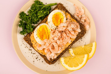 Prawn or Shrimp And Boiled Egg Open Face Sandwich On Rye Bread