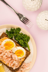 Prawn or Shrimp And Boiled Egg Open Face Sandwich On Rye Bread