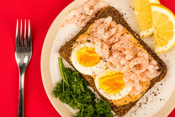 Prawn or Shrimp And Boiled Egg Open Face Sandwich On Rye Bread