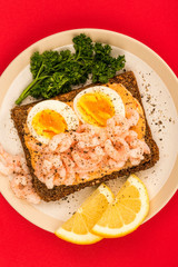 Prawn or Shrimp And Boiled Egg Open Face Sandwich On Rye Bread