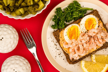 Prawn or Shrimp And Boiled Egg Open Face Sandwich On Rye Bread