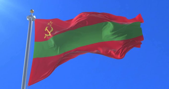 Flag of Transnistria waving at wind in slow with blue sky, loop