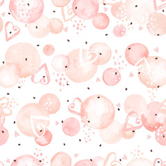 Watercolor vector texture. Aquarelle circles in sweet pink colors. Seamless pattern. Watercolor circles with dry brush hearts isolated on white background.