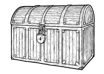 Treasure chest illustration, drawing, engraving, ink, line art, vector